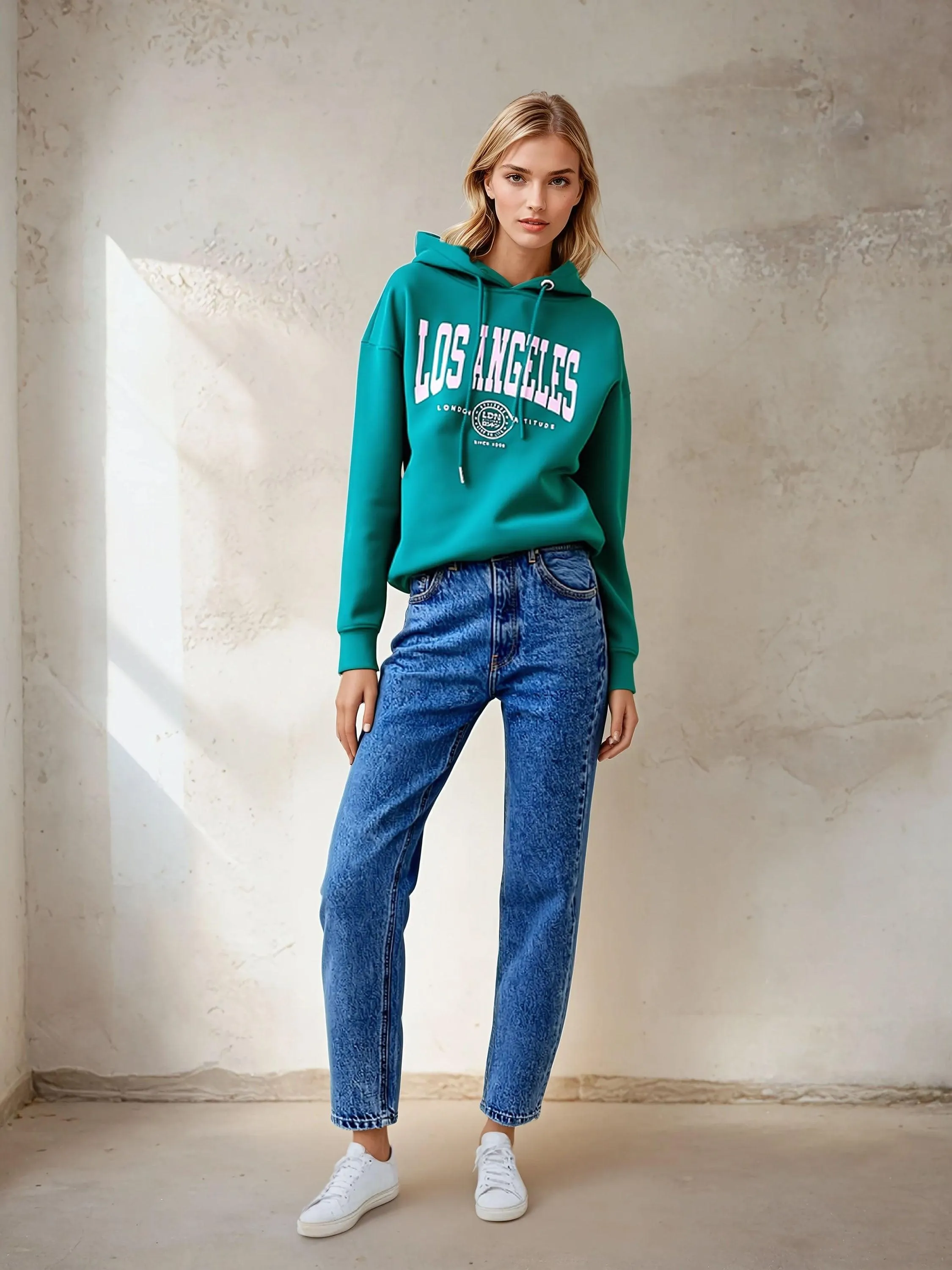 Women's Relaxed Fit "Los Angeles" Printed Hoodie Green