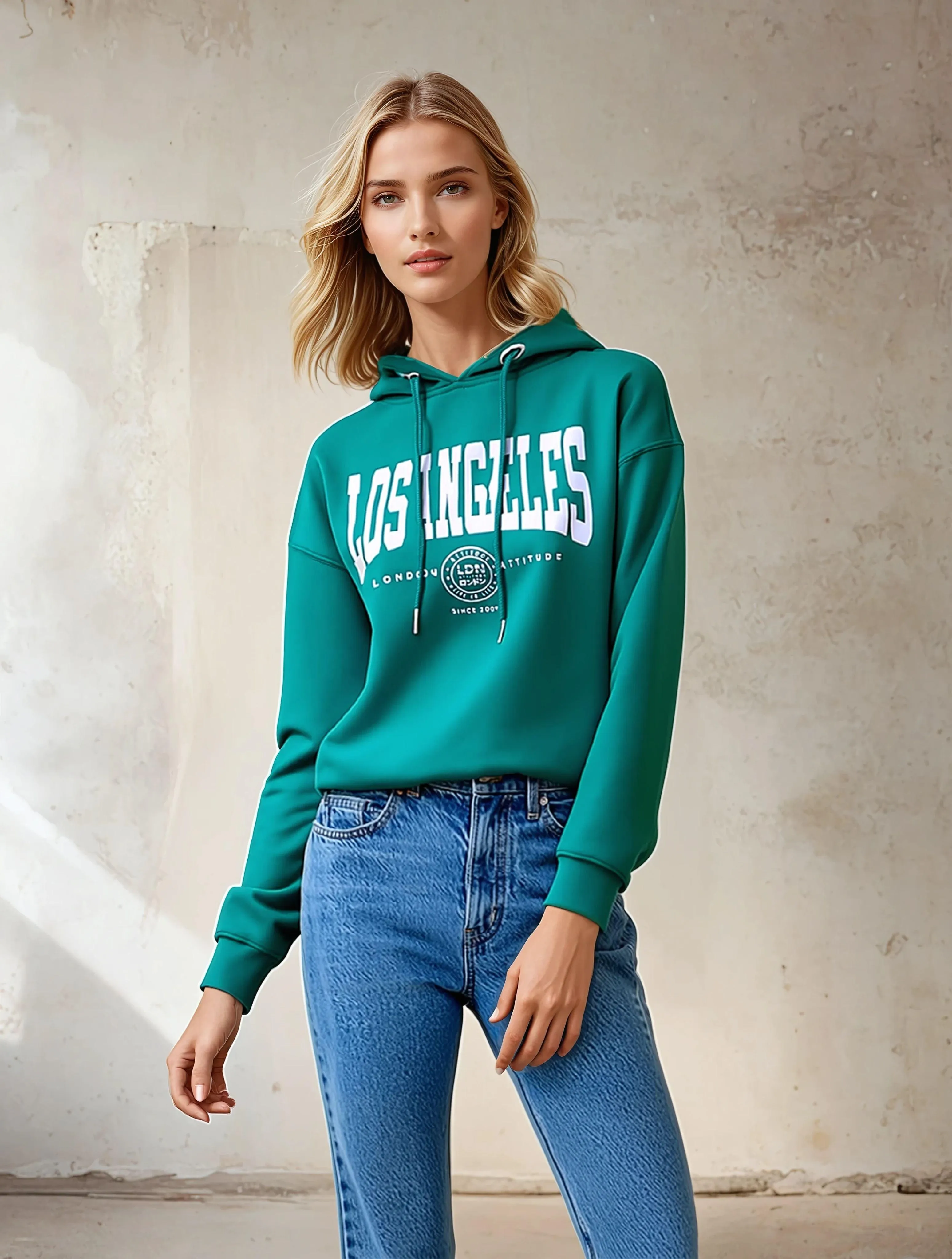 Women's Relaxed Fit "Los Angeles" Printed Hoodie Green