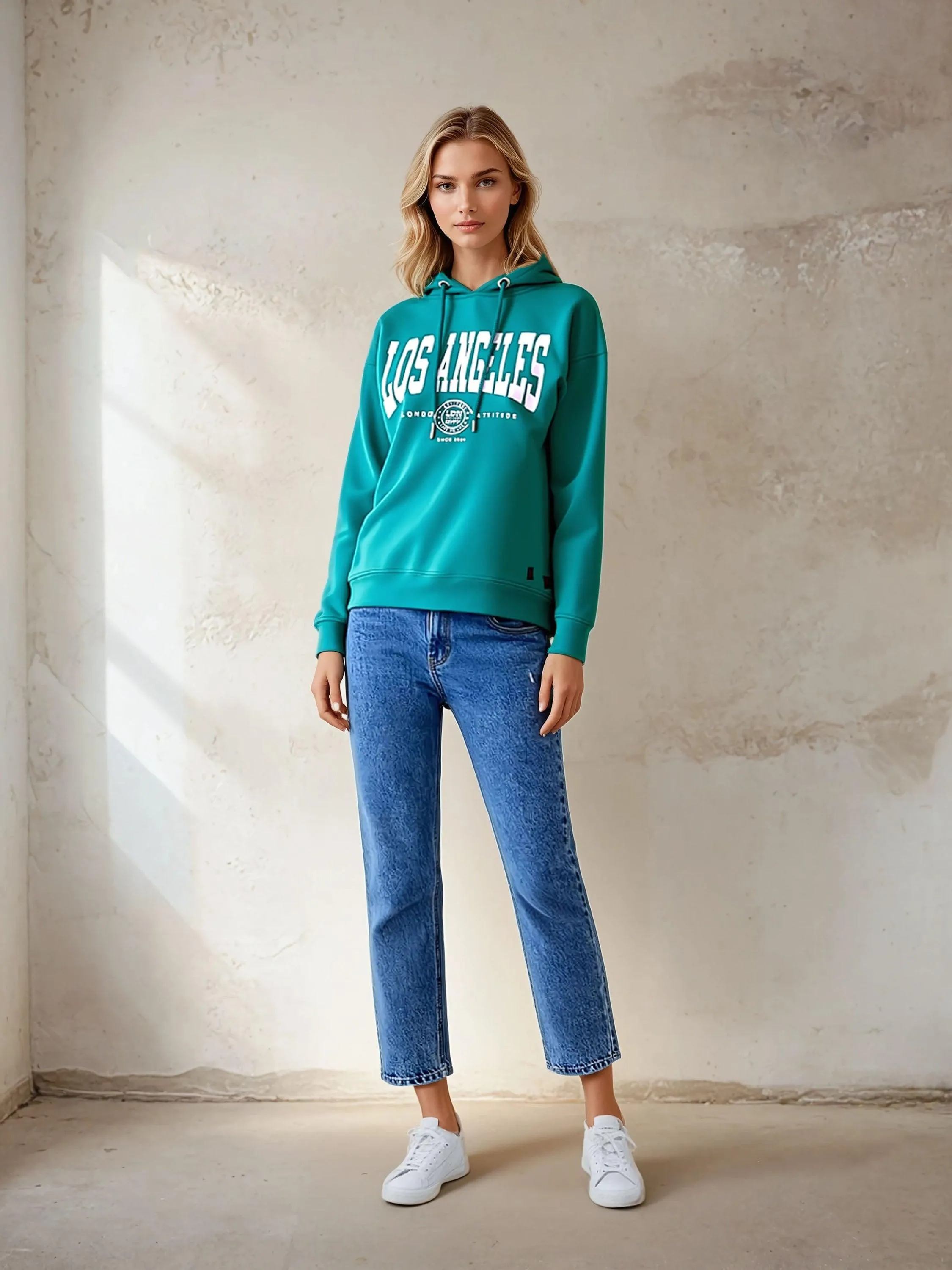 Women's Relaxed Fit "Los Angeles" Printed Hoodie Green