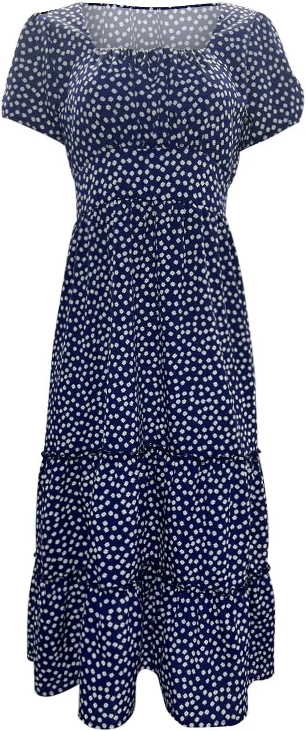 Womens Summer Midi Dress Square Neck Puff Sleeve Boho Dresses Cute Floral Flowy A-line Smocked Tiered Ruffle milkmaid Dress