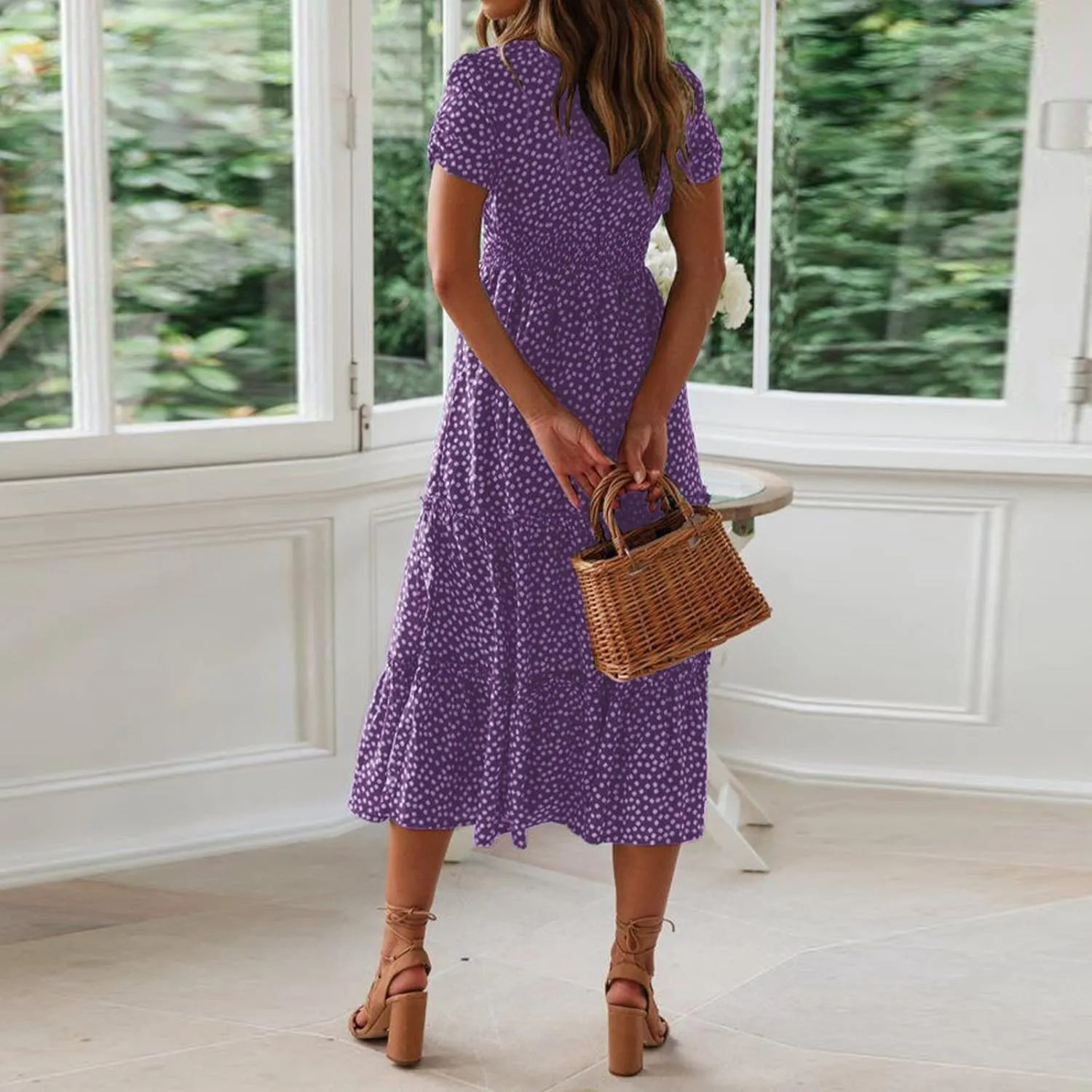 Womens Summer Midi Dress Square Neck Puff Sleeve Boho Dresses Cute Floral Flowy A-line Smocked Tiered Ruffle milkmaid Dress