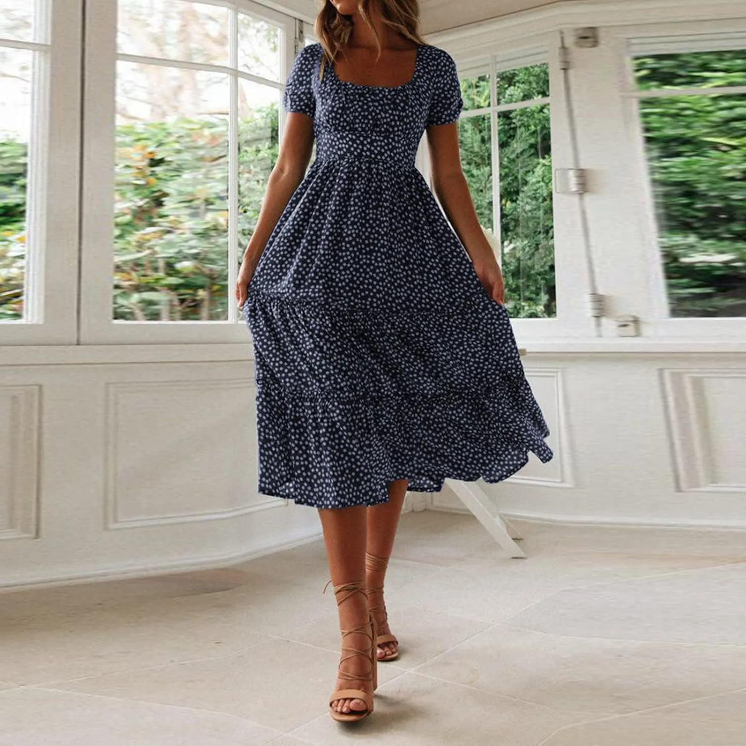 Womens Summer Midi Dress Square Neck Puff Sleeve Boho Dresses Cute Floral Flowy A-line Smocked Tiered Ruffle milkmaid Dress