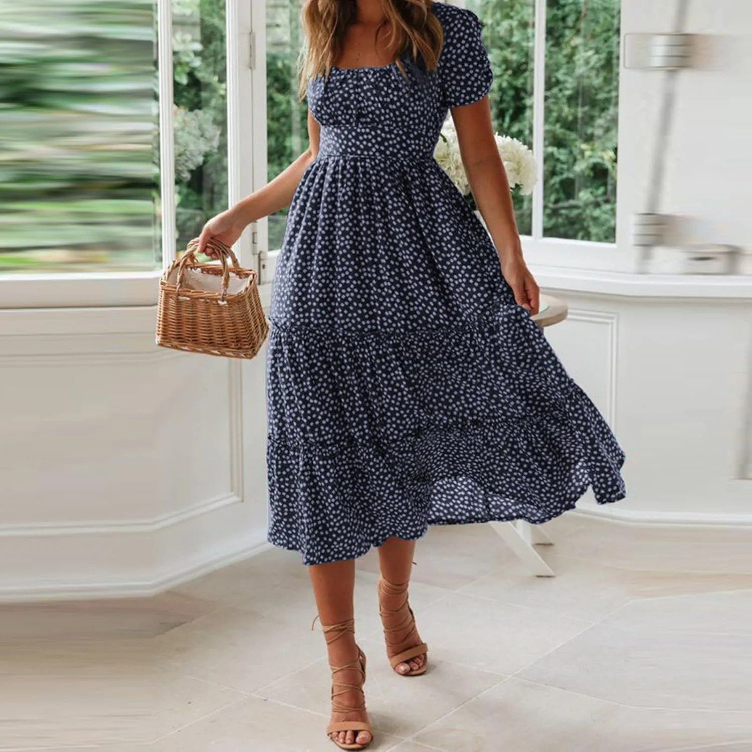 Womens Summer Midi Dress Square Neck Puff Sleeve Boho Dresses Cute Floral Flowy A-line Smocked Tiered Ruffle milkmaid Dress