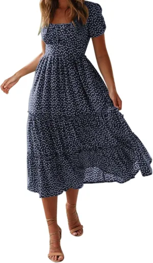 Womens Summer Midi Dress Square Neck Puff Sleeve Boho Dresses Cute Floral Flowy A-line Smocked Tiered Ruffle milkmaid Dress