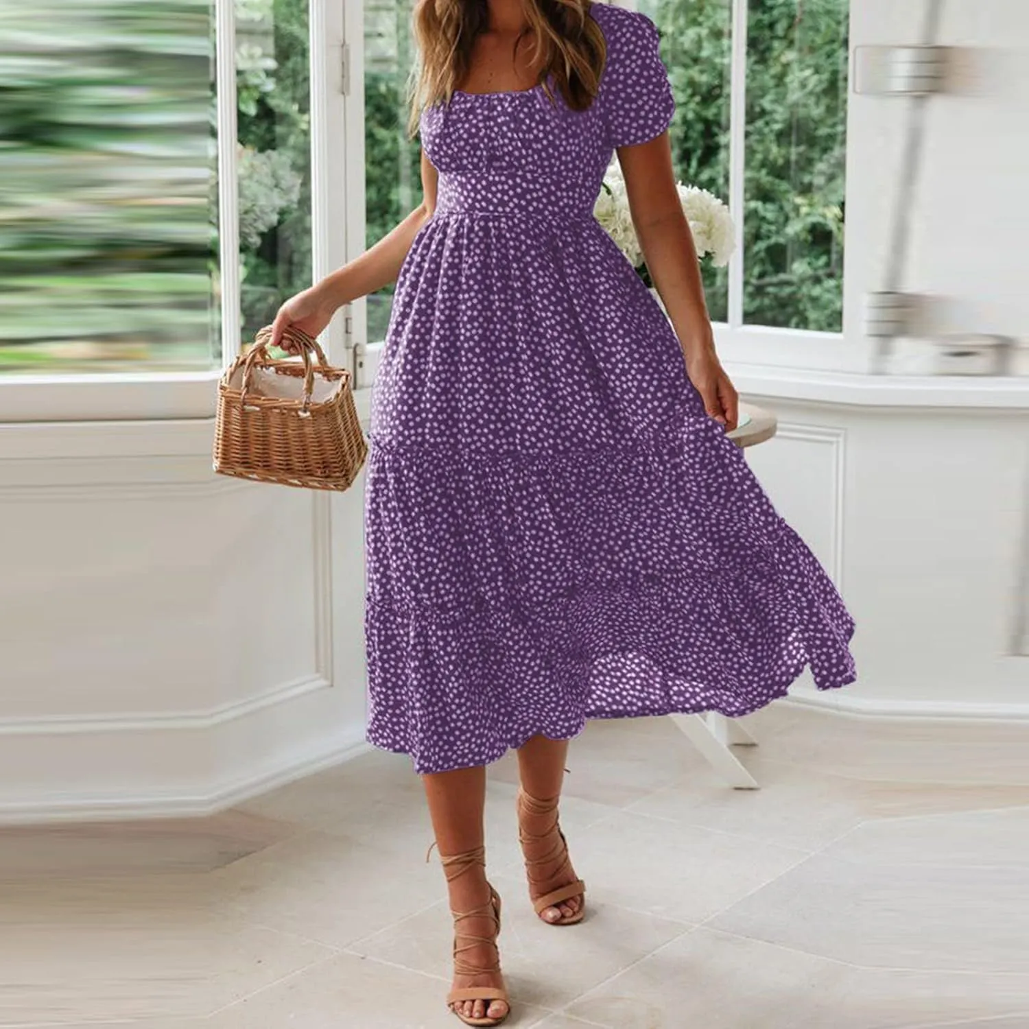 Womens Summer Midi Dress Square Neck Puff Sleeve Boho Dresses Cute Floral Flowy A-line Smocked Tiered Ruffle milkmaid Dress