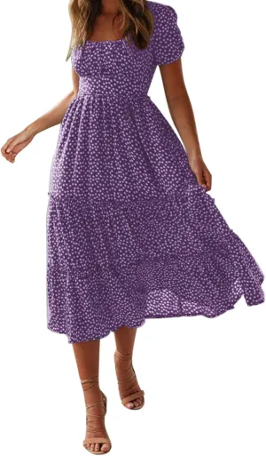 Womens Summer Midi Dress Square Neck Puff Sleeve Boho Dresses Cute Floral Flowy A-line Smocked Tiered Ruffle milkmaid Dress