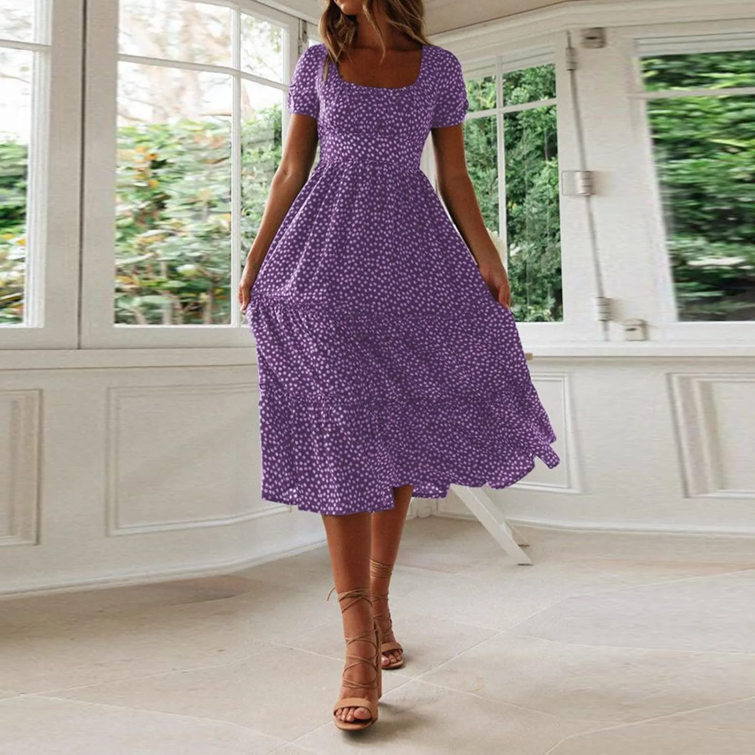 Womens Summer Midi Dress Square Neck Puff Sleeve Boho Dresses Cute Floral Flowy A-line Smocked Tiered Ruffle milkmaid Dress