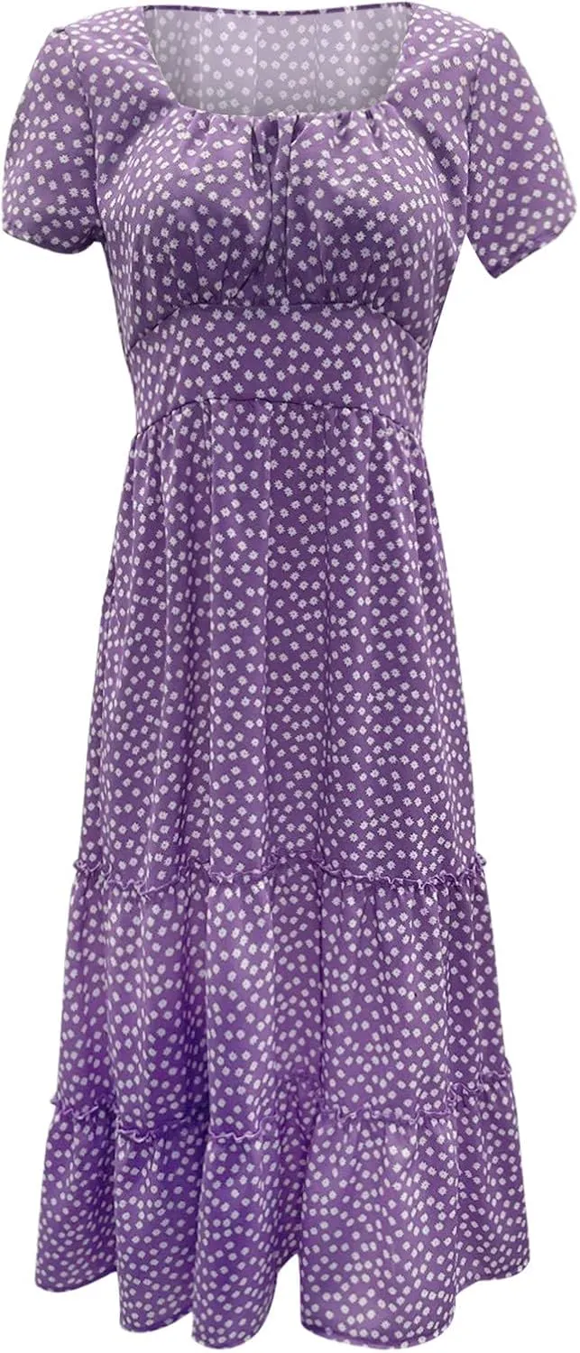 Womens Summer Midi Dress Square Neck Puff Sleeve Boho Dresses Cute Floral Flowy A-line Smocked Tiered Ruffle milkmaid Dress