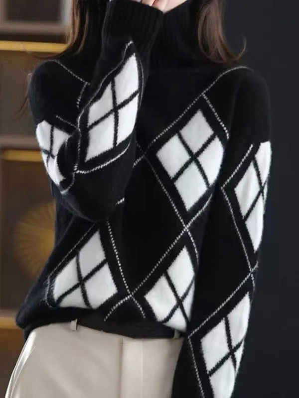 xakxx Casual Long Sleeves Loose Plaid High-Neck Sweater Tops