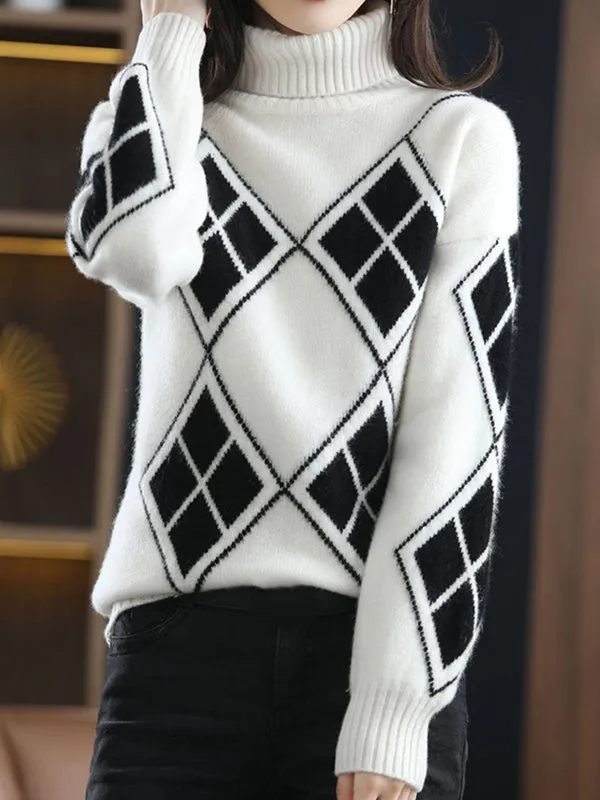 xakxx Casual Long Sleeves Loose Plaid High-Neck Sweater Tops