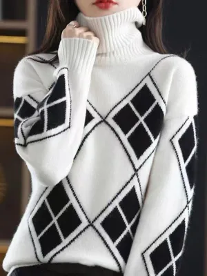 xakxx Casual Long Sleeves Loose Plaid High-Neck Sweater Tops