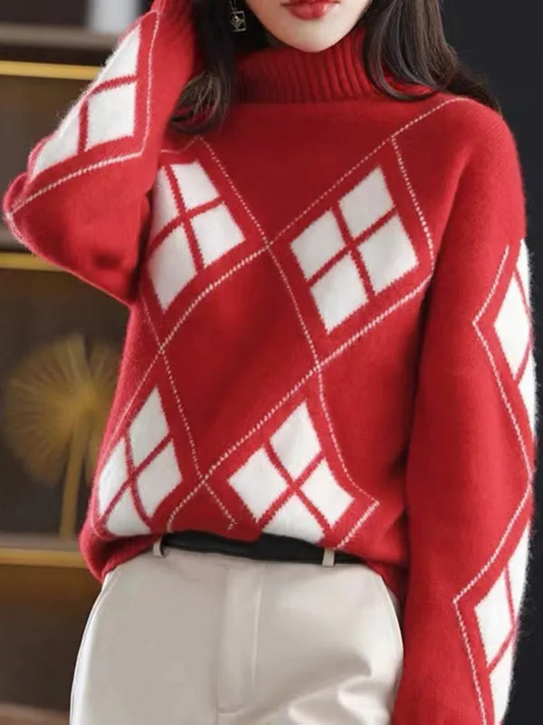 xakxx Casual Long Sleeves Loose Plaid High-Neck Sweater Tops