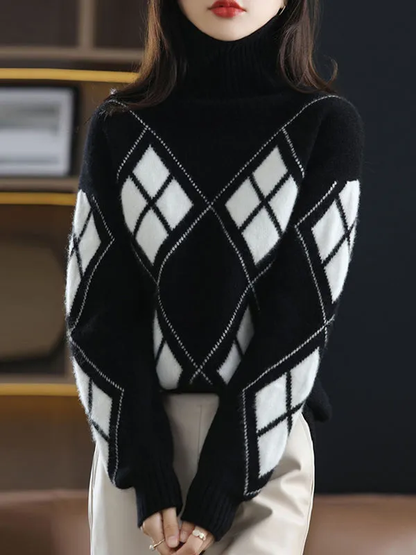 xakxx Casual Long Sleeves Loose Plaid High-Neck Sweater Tops
