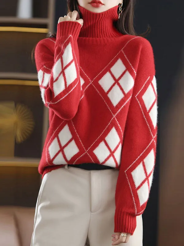 xakxx Casual Long Sleeves Loose Plaid High-Neck Sweater Tops
