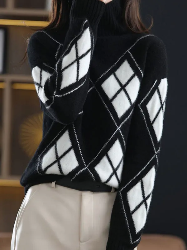 xakxx Casual Long Sleeves Loose Plaid High-Neck Sweater Tops