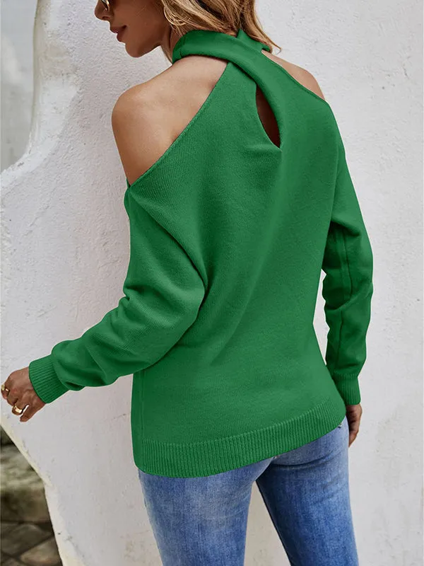 xakxx Casual Long Sleeves Solid Color Halter-Neck Sweater Tops