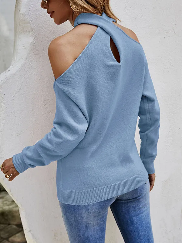 xakxx Casual Long Sleeves Solid Color Halter-Neck Sweater Tops