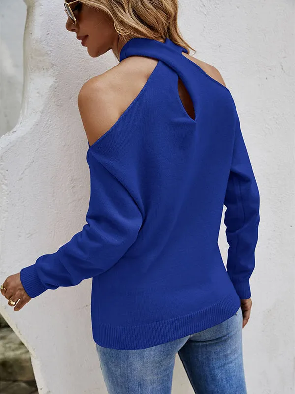 xakxx Casual Long Sleeves Solid Color Halter-Neck Sweater Tops