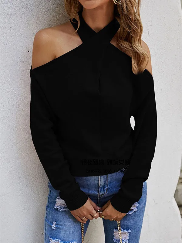 xakxx Casual Long Sleeves Solid Color Halter-Neck Sweater Tops