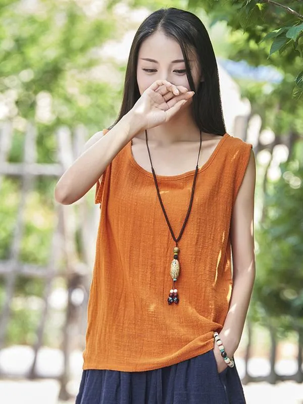 xakxx Soft Solid Color Sleeveless Ramie Cotton T-shirt