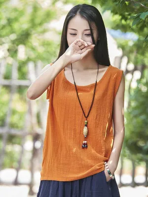 xakxx Soft Solid Color Sleeveless Ramie Cotton T-shirt