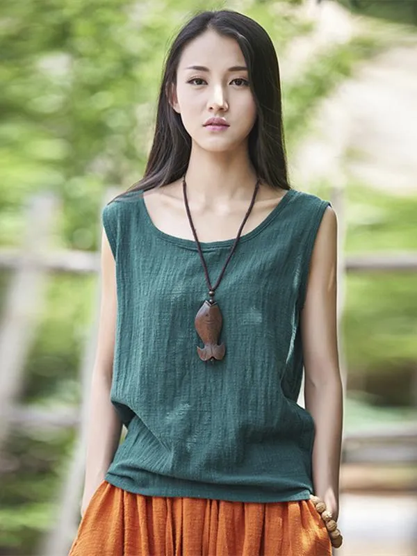 xakxx Soft Solid Color Sleeveless Ramie Cotton T-shirt