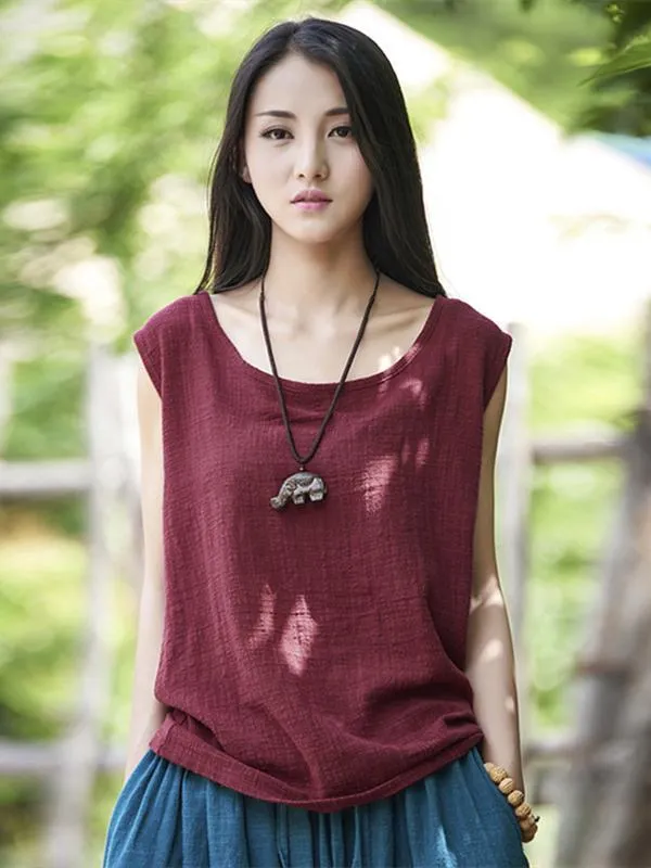 xakxx Soft Solid Color Sleeveless Ramie Cotton T-shirt