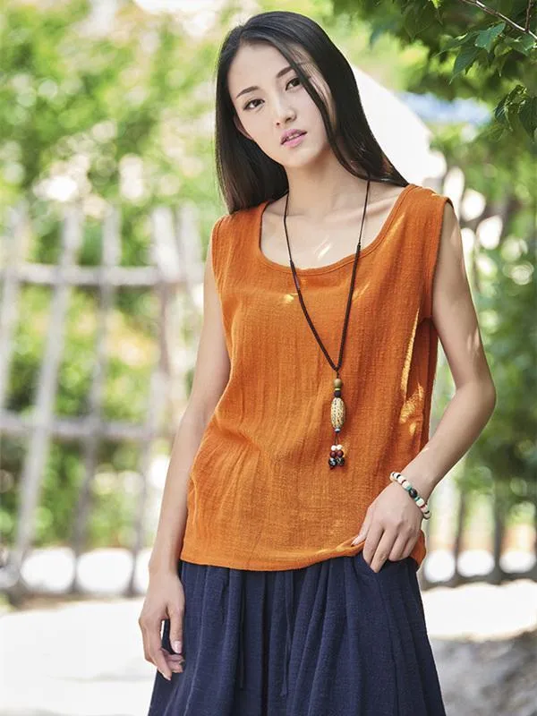xakxx Soft Solid Color Sleeveless Ramie Cotton T-shirt