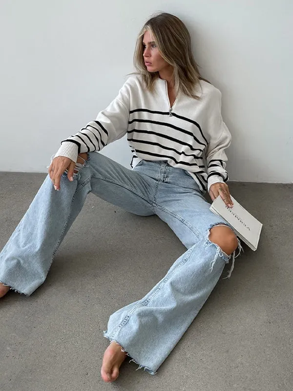 xakxx Urban Long Sleeves Loose Striped Round-Neck Sweater Tops