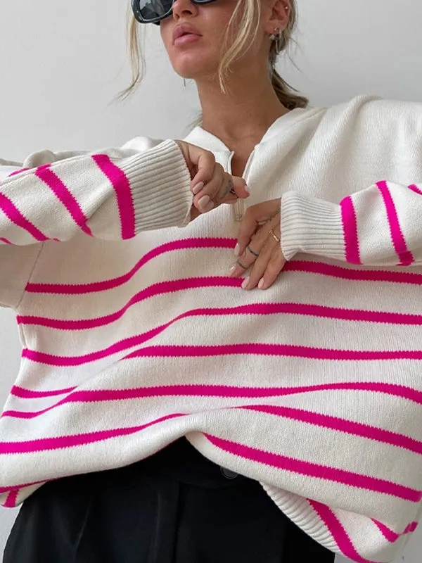 xakxx Urban Long Sleeves Loose Striped Round-Neck Sweater Tops