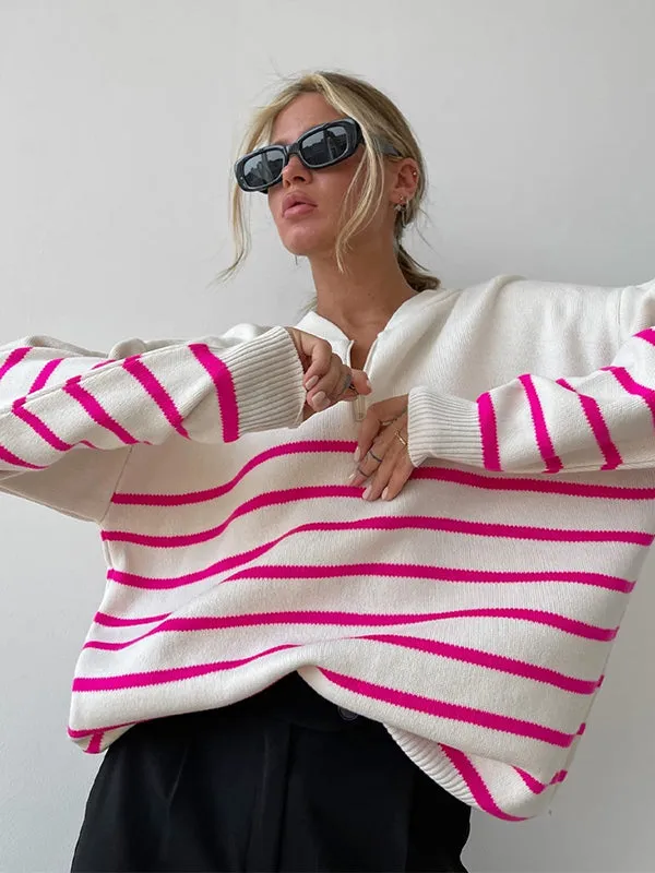 xakxx Urban Long Sleeves Loose Striped Round-Neck Sweater Tops
