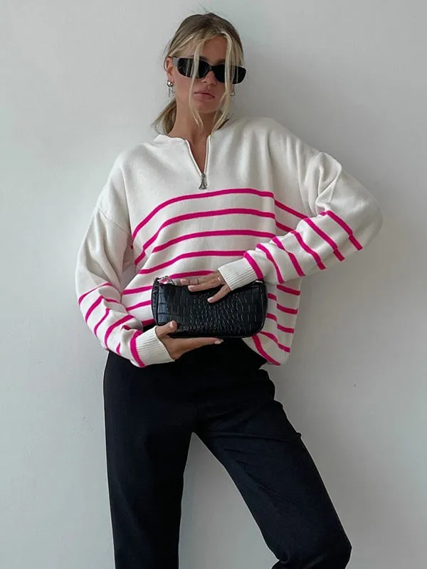 xakxx Urban Long Sleeves Loose Striped Round-Neck Sweater Tops