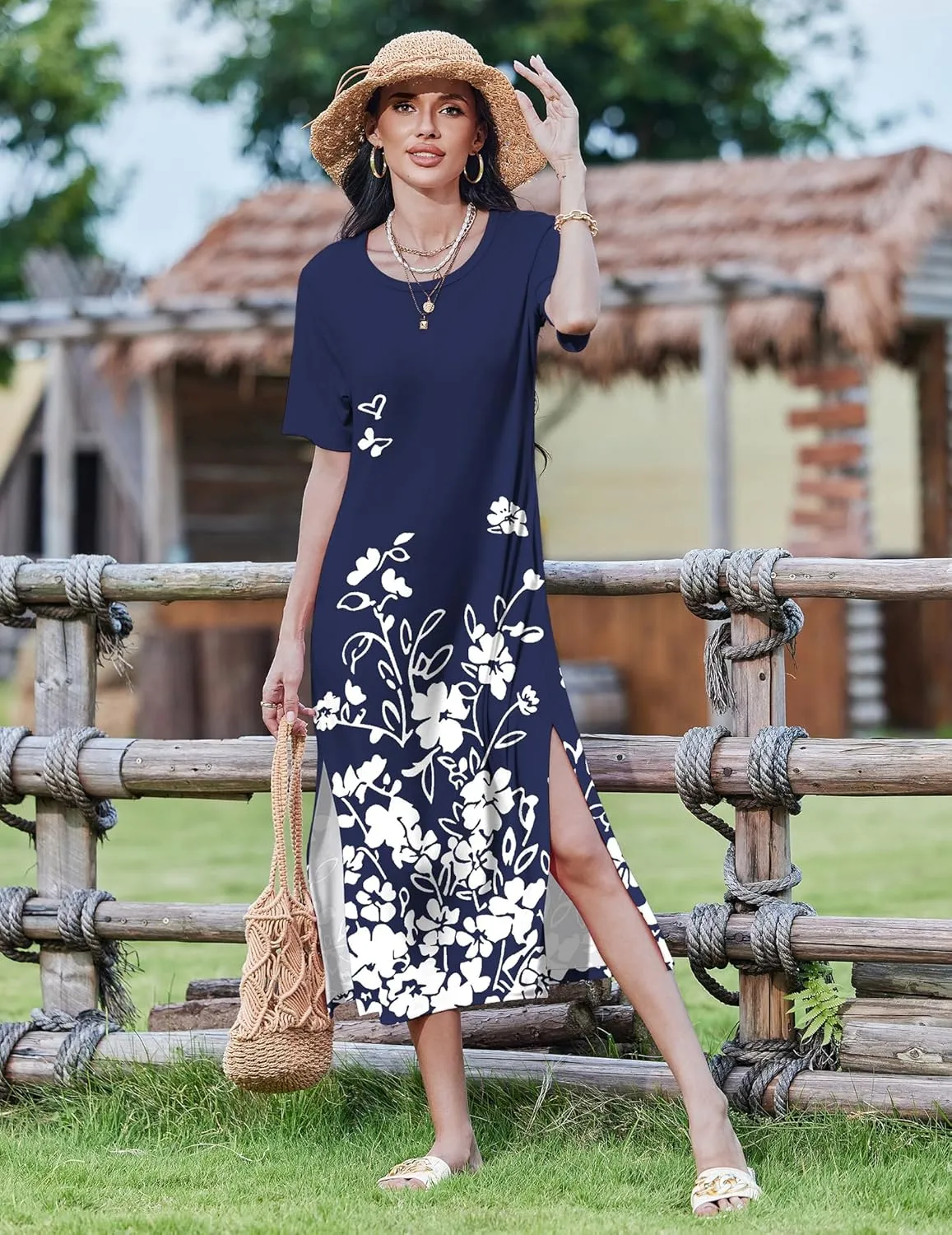 Zeagoo Women Floral Summer Dress Casual Beach Dress Printed T Shirt Dress Split Long Dress Travel 2025 Vacation Dress
