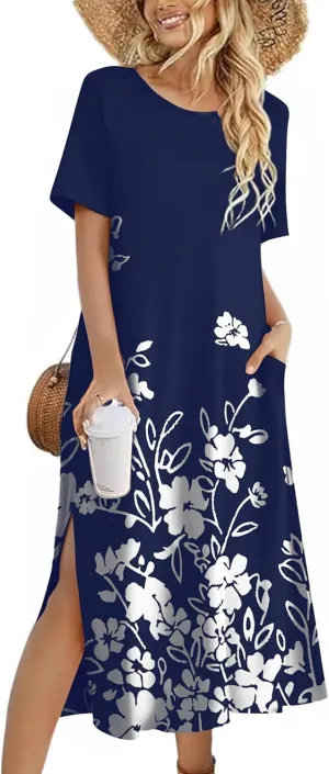 Zeagoo Women Floral Summer Dress Casual Beach Dress Printed T Shirt Dress Split Long Dress Travel 2025 Vacation Dress